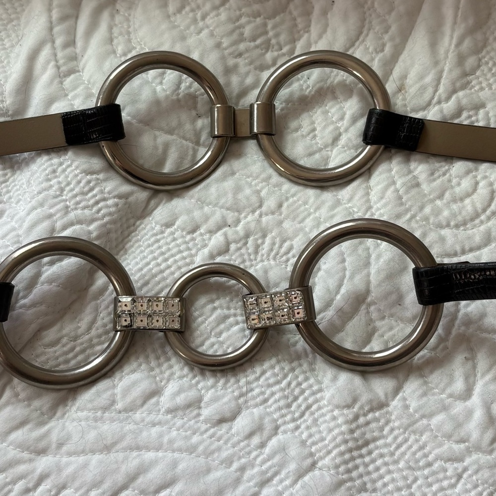 Vintage Simon Black Leather Belt with Silver Rings and Rhinestone Accent
